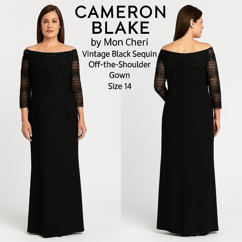 Black Beaded Lace Gown Mother of the Bride Cameron Blake Mon Cheri Size 14
